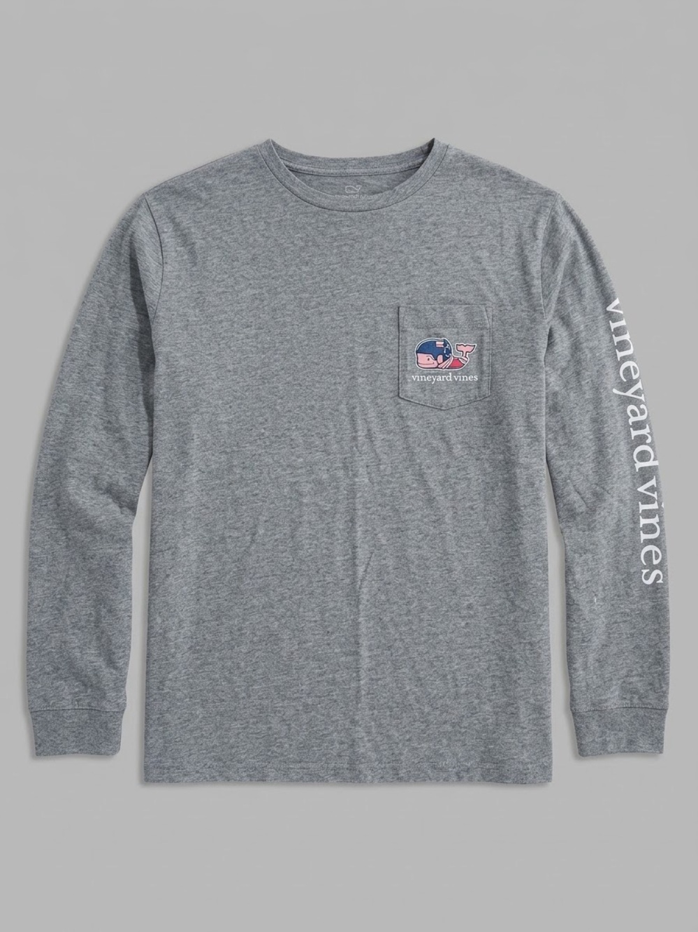 Vineyard Vines Gray Long-Sleeve Pocket Tee with Pink & Blue Whale